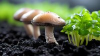 Fresh brown mushrooms growing in dark soil next to green sprouts, macro nature photography showing water droplets and delicate fungi details in garden setting.