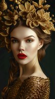 Young woman with red lips wearing luxurious golden crown and dress against dark green background, dramatic fashion portrait with artistic makeup and styling.
