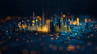 Glowing futuristic cityscape with illuminated skyscrapers and bokeh lights against dark background creates modern urban technology concept for business presentations.