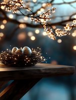 Bird eggs in twigs nest on wooden surface with glowing spring cherry blossoms and bokeh lights creating magical atmosphere against dark blue background.