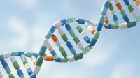 Colorful DNA double helix structure with genetic code segments floating against cloudy sky background for biotechnology and medical research concepts.