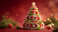 Creative Christmas tree made from stacked deli meat, cheese, and vegetables with star-shaped topper on festive red background with bokeh lights.