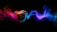Vibrant colorful smoke waves flowing horizontally on black background, featuring pink, orange, and blue gradient colors creating abstract fluid art motion effect.