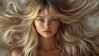 Young woman with flowing blonde hair and natural makeup against dark background, dramatic lighting highlights wavy hair movement and glowing skin tone.