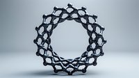 Molecular structure of carbon nanotube ring shown in black and white against neutral background, demonstrating scientific concept of nanomaterials and atomic bonds.