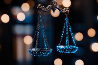 Decorative scales of justice with blue crystals and bokeh lights background, symbolic representation of law and balance in elegant evening ambiance.