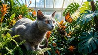 Gray cat with amber eyes surrounded by lush tropical plants and colorful butterflies in a sunlit greenhouse or conservatory setting.