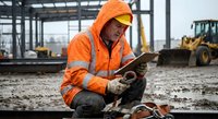 Construction worker in high visibility orange jacket using tablet computer at muddy building site with heavy machinery in background for project management.