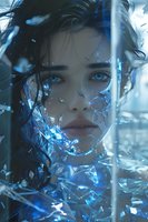 Young woman with intense blue eyes surrounded by glowing crystal shards and ethereal blue light effects, creating mysterious atmospheric portrait.