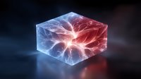 Glowing energy discharge trapped in transparent crystal cube with red and blue lightning effects on dark background, abstract technological concept.