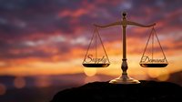 Economic balance scales with supply and demand concept against dramatic sunset sky for business and market analysis presentations.