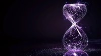 Glowing purple hourglass made of luminous particles against dark background, with scattered light dots creating magical atmosphere and reflection effect.