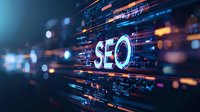 Glowing SEO text on digital technology background with data streams and code elements for search engine optimization and digital marketing.