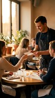 Smiling male waiter serving customers in cozy restaurant with warm lighting. Professional hospitality service in modern dining establishment.