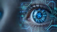 Futuristic human eye with digital circuit patterns and blue glowing iris representing artificial intelligence, cybersecurity, and advanced technology concepts.