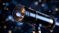 Telescope lens capturing starry night sky with bokeh light effects and glowing particles, dramatic astronomy exploration concept against dark background.