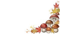 Autumn mushrooms with colorful fall leaves corner border on white background for seasonal design projects and nature themed decorations.