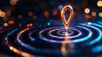 Glowing location pin icon floating above luminous concentric circles with sparkles and bokeh lights in dark blue and orange tones, digital navigation concept.
