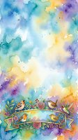 Watercolor background with vibrant rainbow washes in blue, yellow, purple, and green tones, featuring decorative banner with illustrated birds, flowers, and foliage. Isolated design element.