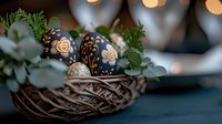 Decorative Easter eggs with rose patterns in dark colors placed in woven basket with fresh greenery and bokeh lights background. Elegant holiday composition.