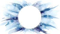 Winter watercolor frame with blue brushstrokes and snowflakes on white background. Circular border for seasonal greeting cards and holiday designs.