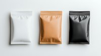 White, brown and black blank foil bags arranged in row on light background, mockup for product packaging design and branding presentation.