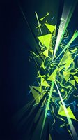 Abstract explosion of neon yellow and green geometric shards radiating from center with flowing light streaks on dark teal background, suitable for tech and digital design projects.