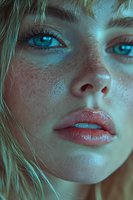 Close-up portrait with intense turquoise eyes and freckled skin bathed in cool teal lighting, highlighting natural features and glossy lips against dramatic shadows.