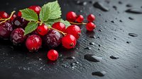 Fresh red currants and cherries with green leaves scattered on wet black slate surface with water drops, macro food photography for menu design.