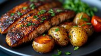 Grilled salmon fillet with crispy roasted potatoes and fresh herbs on dark plate. Restaurant quality seafood dish ready for menu photography.