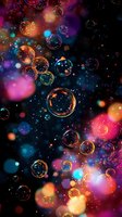 Magical soap bubbles floating in dark space with colorful bokeh lights creating dreamy atmosphere. Vibrant pink, blue and orange blurred background with glowing effects.