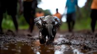 Young African elephant calf splashing through muddy water, close-up view showing playful behavior and wet trunk, with blurred people in background during safari.