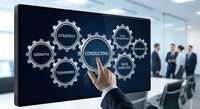 Business consultant touching digital gear interface with strategy growth teamwork consulting concepts in modern office environment.