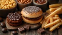 Appetizing fast food composition with burger, french fries, chocolate cookies and snacks on rustic wooden background. Dark moody food photography.