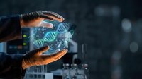 Scientist hands protecting glowing DNA helix with molecular structure in modern laboratory for genetic research and biotechnology innovation.
