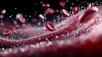 Red blood cells flowing through bloodstream with plasma bubbles and particles in dynamic medical illustration for healthcare education.