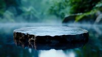 Natural stone platform surrounded by misty forest waterfall creates serene product display backdrop for organic wellness branding and eco-friendly marketing.