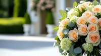 Elegant peach roses and white hydrangea bouquet with eucalyptus leaves arranged against soft blurred background, fresh floral arrangement for wedding or special occasion.
