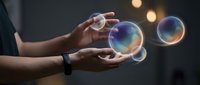 Hands holding glowing iridescent soap bubbles floating in dark studio, magical light effect, wonder and creativity concept.