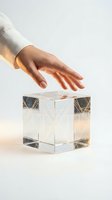Hand reaching toward transparent geometric cube with geometric line patterns on white background, suitable for business, technology, innovation, and design concepts.