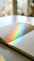 Rainbow light spectrum reflecting on open book pages creating colorful prism effect on white paper with soft natural lighting and blurred background.