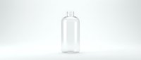 Clear glass bottle with white cap on clean white background for cosmetic skincare product packaging design and branding mockup presentations.