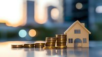 Growing stack of gold coins next to wooden house model against blurred city background with bokeh lights, representing real estate investment and property value growth.