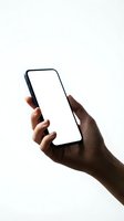 Hand holding smartphone with blank white screen mockup isolated on white background for app presentation and mobile interface design.