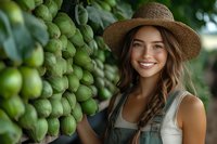 Young Caucasian woman in straw hat and overalls smiling next to green avocado harvest on farm, representing sustainable agriculture.