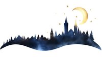 Magical castle silhouette against starry night sky with crescent moon and pine forest, watercolor style landscape in dark blue and gold tones.