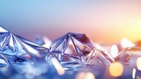 Abstract crystalline surface with blue metallic facets reflecting light against soft pink and orange gradient background with bokeh effects. Luxury modern design element.