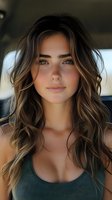 Young woman with long wavy brown hair and highlights wearing green tank top with natural makeup and soft lighting for beauty and lifestyle content.