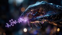 Glowing digital hand reaching out with sparkling particles and energy stream against dark background with bokeh lights, symbolizing artificial intelligence connection.