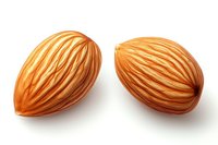 Two fresh whole almonds with detailed natural texture and striations on white isolated background, suitable for food packaging and marketing materials.